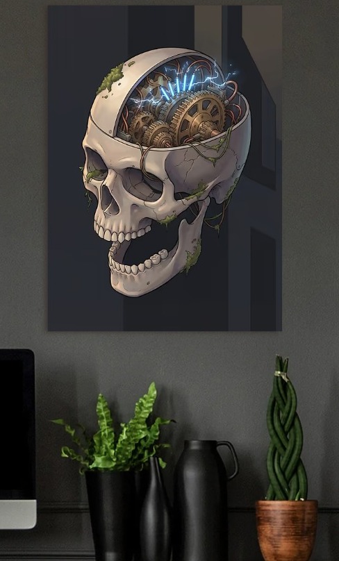 Steampunk Skull with Gears and Lightning — metal poster wall art by Lineer